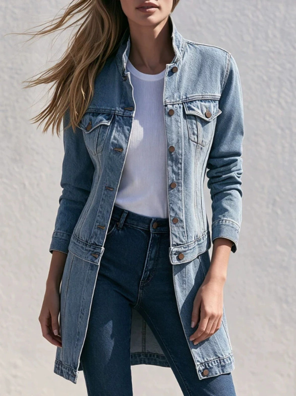 H&M Vintage Stand Collar Zip Washed Denim Blue Jacket